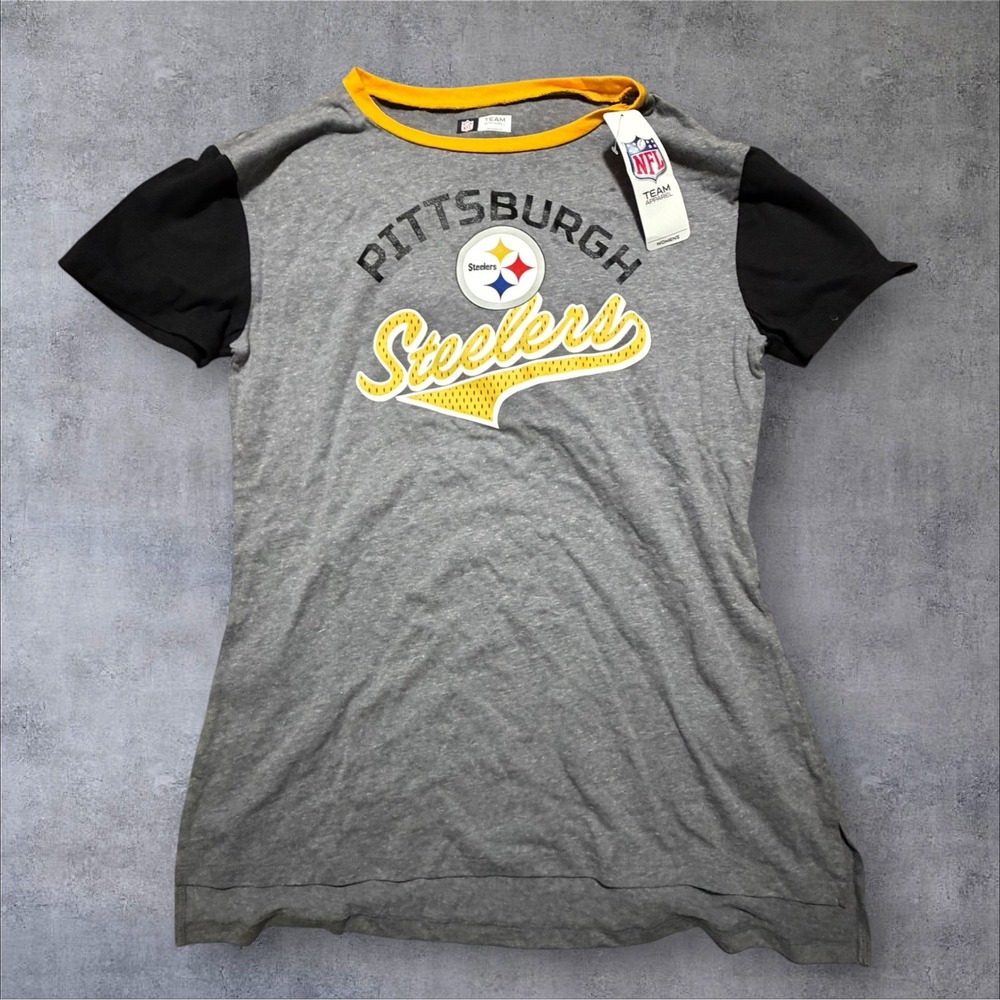 NFL Team Apparel Pittsburgh Steelers Women Medium Grey Black Ringer T-Shirt NWT
